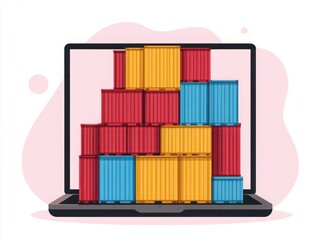 Obraz premium Stacked Shipping Containers Inside a Laptop Screen Representing E-Commerce and Supply Chain Management in Modern Logistics