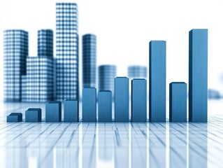 Abstract Blue Bar Graph on Modern City Background Representing Growth, Finance, Business Success, and Economic Trends in a Digital World