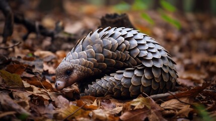 Obraz premium Rare Pangolin Curled Up on Forest Floor with Intricate Scales