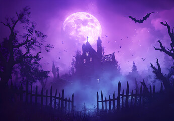 Dark Halloween landscape with a haunted castle and bats in the sky at full moon at night illustration in purple and black.