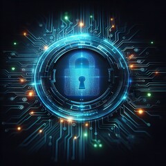 Obraz premium A glowing blue digital padlock is centrally positioned within a circular technological circuit board design, symbolizing data security and network protection