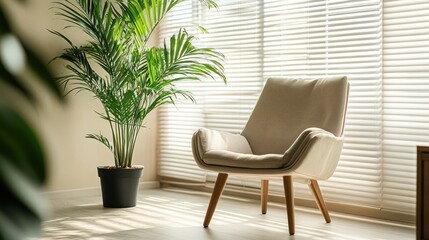 Interior design with soft arms and ornamental plants near the large window.