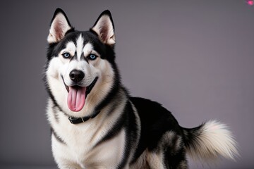 Fototapeta premium Playful Black and White Husky Dog Sticking Tongue Out in Studio Setting