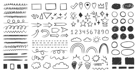 Chalked hand drawn doodles, scribbles and sketch elements - arrows, lines, stars, shapes, clouds, circles, numbers and other symbols