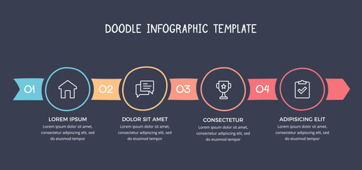 Fototapeta premium Hand drawn infographic template - arrow with 4 connected circles with place for your icons and text, dark background, vector eps10 illustration