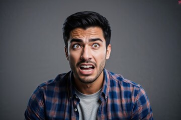 Obraz premium Scared Young Hispanic Man in Studio Setting