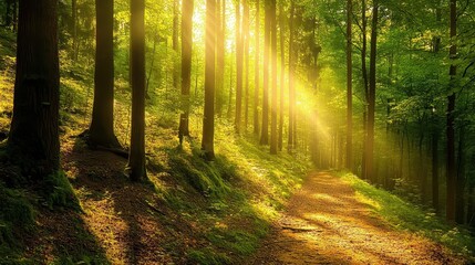 Fototapeta premium A serene forest path illuminated by sunlight, inviting tranquility and exploration.