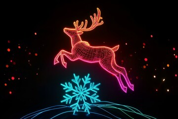 Neon reindeer jumping over snowflake on black background.