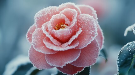 Camellia petals dusted with frost, surrounded by a light snowfall and a soft-focus winter landscape behind.