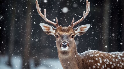 Beautiful deer in a snow-covered winter forest with gentle snowfall