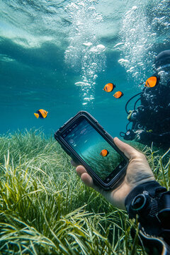 Scuba divers using mobile phones underwater capturing vibrant fish coral reefs technology marine exploration crystal clear ocean waters deep sea selfie tropical clown kelp seaweed tourism smart camera