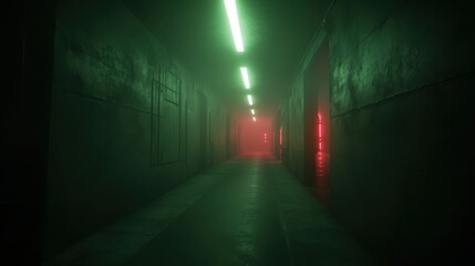 A dimly lit corridor with green and red neon lights, creating a mysterious atmosphere.