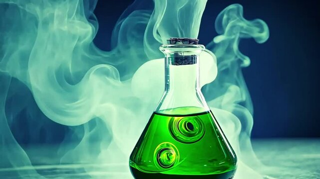 A captivating stock photo featuring a green potion housed in a glass flask, with mystical swirls of vibrant colors adding an enchanting and otherworldly touch