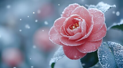 Frosty Camellia blossom in the midst of winter, with snowflakes falling gently and a serene, soft-focus winter sky behind.