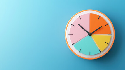 Colorful pie chart clock on blue background, showcasing vibrant segments and modern design. This unique clock adds playful touch to any space