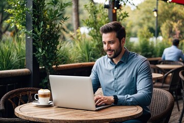 Businessman Working on Laptop with Coffee in Outdoor Caf� Surrounded by Nature