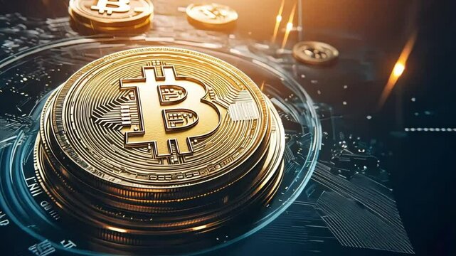 Close up shot of a digital money Bitcoin cryptocurrency with a pile of coins, showcasing the concept of virtual currency and the potential for financial gain in the cryptocurrency market.