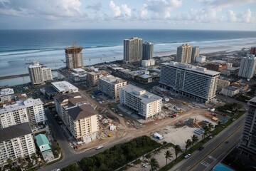 Fototapeta premium Aerial View of Beachside City Recovery After Tsunami and Weather Crisis