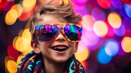 Joyful Child Wearing Colorful Party Glasses with Vibrant Background