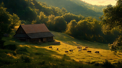 Rural Barn and Cows Grazing in a Meadow at Sunset 