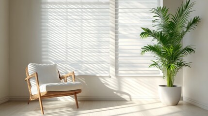 Interior design with soft arms and ornamental plants near the large window.