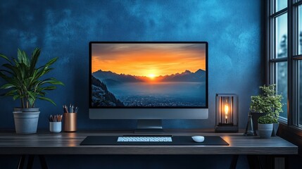 Fototapeta premium Modern minimalist workspace setup with laptop