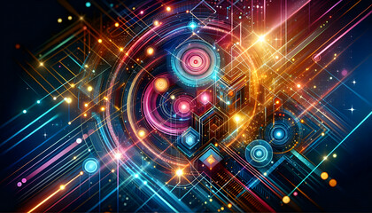 Obraz premium abstract A multi-layered geometric background with neon stripes, glowing circles, and shimmering light effects creating a vibrant ambiance (2)