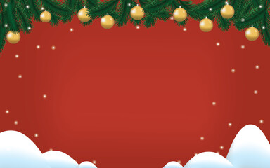 Christmas Holiday Background with Snowy Hills and Golden Ornaments