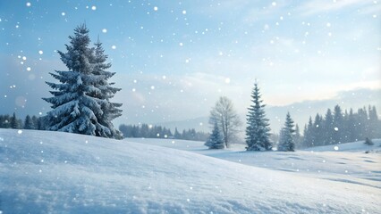 Fototapeta premium Serene winter landscape with snow falling gently on evergreen trees and rolling hills under a soft, bright sky, perfect for holiday or seasonal themes.
