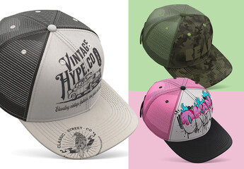 6-Panel Trucker Cap Mockup three-quarter view – Realistic Photoshop Template with Customizable Design and Mesh Details