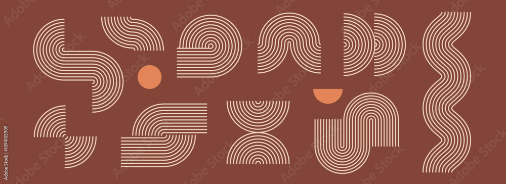 Poster Boho linear element collection. Brown beige wave and arch forms design. Mid century curves and arcs set. Bohemian decorative ornamental shape bundle for badge, icon, poster, banner, template. Vector