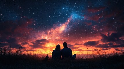 A couple enjoys takeaway wine while stargazing under a breathtaking night sky filled with stars and colorful clouds
