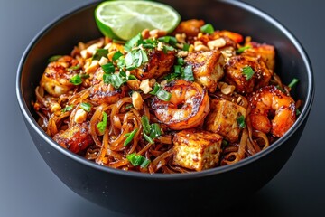 Fototapeta premium Sizzling stir-fried pad thai with shrimp tofu peanuts and tangy flavor explosion in a modern kitchen