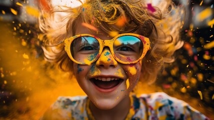 Cheerful Child with Glittering Face Celebrating Joyfully