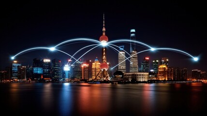 A vibrant night view of Shanghai's skyline, illuminated with lights and dynamic arcs symbolizing connectivity and technology.
