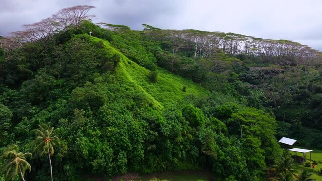 Tahiti Papeno'o sunny mountainside white cross Jesus Christ Catholic Christian religion French Polynesia aerial drone Tiarei church Papeete Teahupoo lush dense jungle forest wide forward up motion