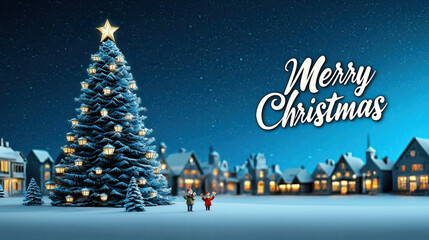 festive snowy town square features large Christmas tree adorned with lights, creating joyful holiday atmosphere