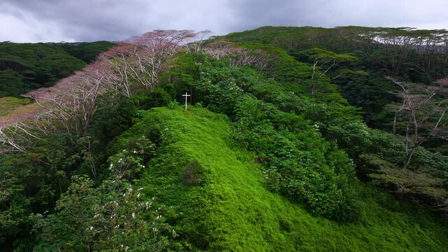 Papeno'o church White cross Jesus Christ Catholic Christian religion Tiarei Papeete Teahupoo Tahiti French Polynesia aerial drone dormant volcano mountainside lush dense jungle forest backwards