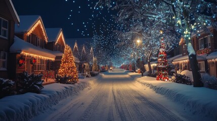 A snow covered street lined with homes adorned in vibrant Christmas lights, creating a warm holiday atmosphere