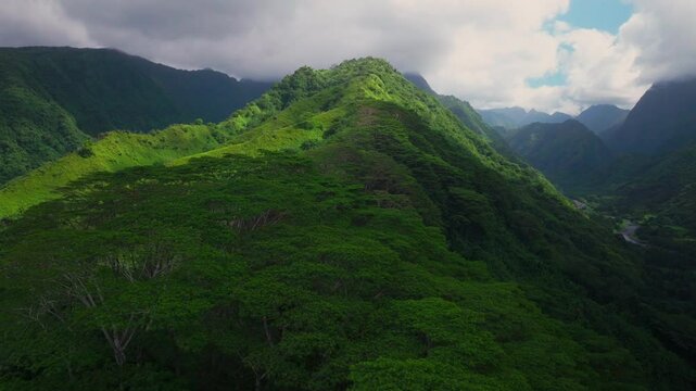 Mountainside canyon ravine valley Tahiti island French Polynesia aerial drone tropical dense lush jungle flora forest Mahina Papeno'o Teahupoo Papeete Moorea Mont Orohena greenery cloudy forward