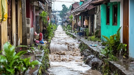 Fototapeta premium A flooded street in a residential area, showcasing water flowing between colorful houses and greenery along the edges.