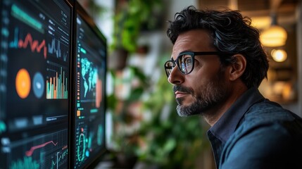 A business manager reviewing a digital marketing dashboard that tracks SEO performance, pay-per-click campaigns, and social media metrics, displayed through holographic screens