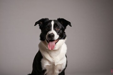 Playful Black and White Dog Sticking Tongue Out in Studio Setting