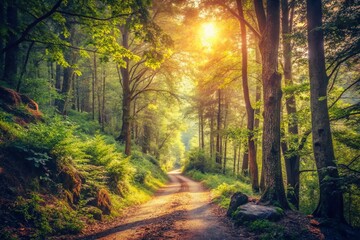 Vintage Style Mountain Trail Framed by Lush Green Trees, Capturing the Serenity of Nature in a Timeless Landscape