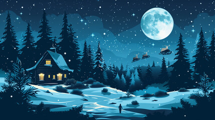 Fototapeta premium Winter night scene with a cabin, snowy forest, full moon, and Santa’s sleigh