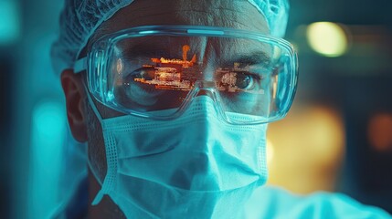 A doctor using smart glasses during surgery to monitor patient vitals and receive AI-assisted recommendations in real time, with digital data floating in their field of view