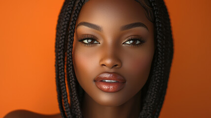 woman with long, thin box braids poses against orange background, showcasing protective hairstyle with confident expression