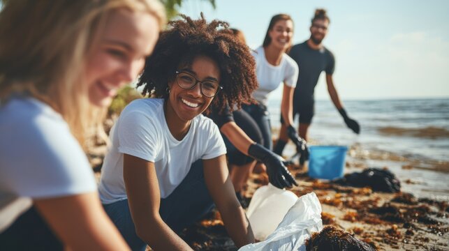 A diverse group of volunteers cleaning up a polluted beach, Demonstrating collective action for environmental justice, photography style