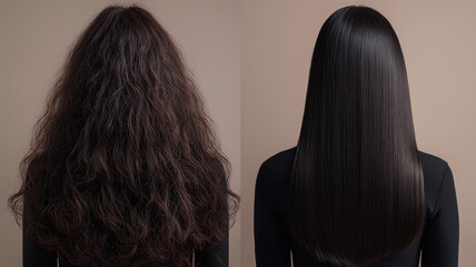 Frizzy to smooth hair transformation showcasing dramatic change in texture and shine. image highlights before and after effects of hairstyling techniques
