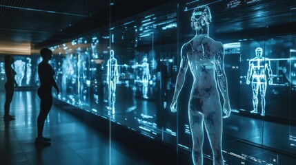 A futuristic gym where athletes wear smart clothing that adjusts fabric temperature and tracks movement accuracy, with digital overlays of workout stats and corrections projected in the environment